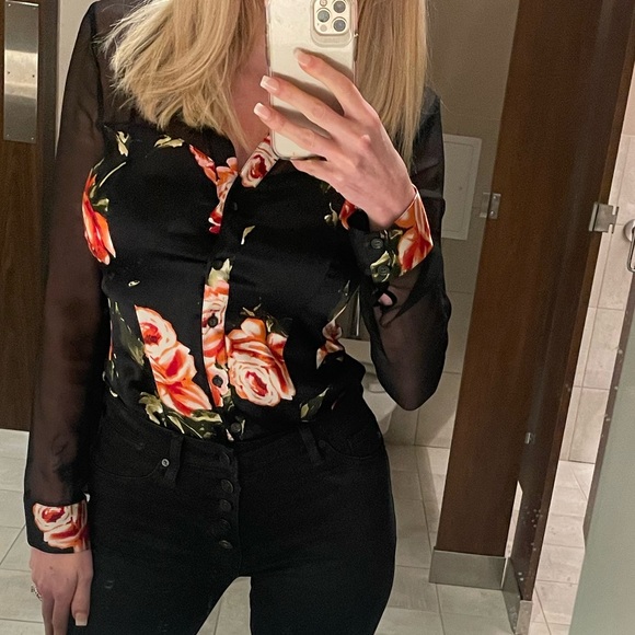 Cache Silk Blend Button Up Blouse Size XS Black Floral Print Long Sheer Sleeves - Picture 1 of 5